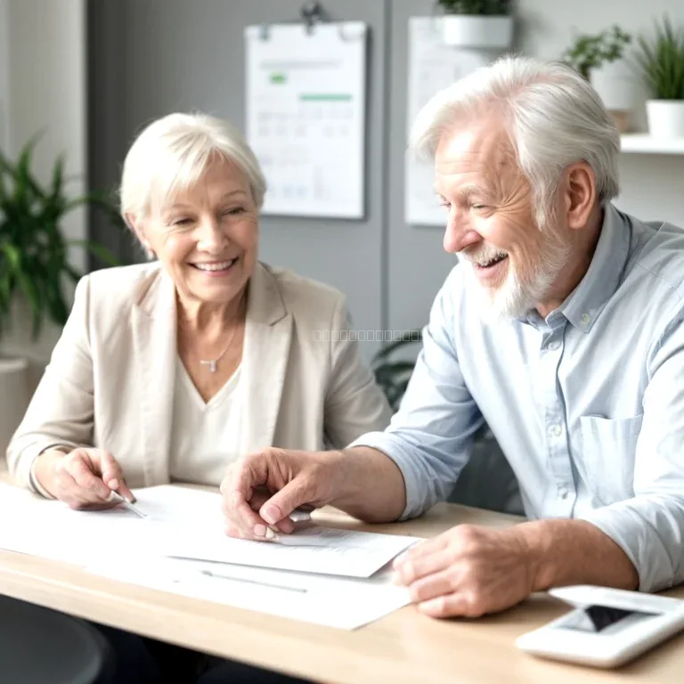 Senior couple reviewing insurance documents with adviser